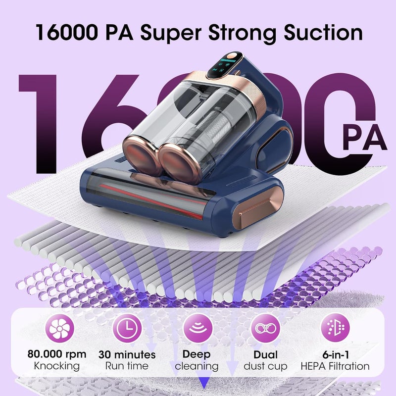 XIAOLANG Bed Mattress Vacuum Cleaner Cordless 16Kpa Handheld Vacuum, Vacuum Cleaner with 253.7nm UV-C Light,HEPA Filter & Ultrasonic, Portable Vacuums for Sofa Couch Crib Birthday Gifts for women blue+gold - Image 2
